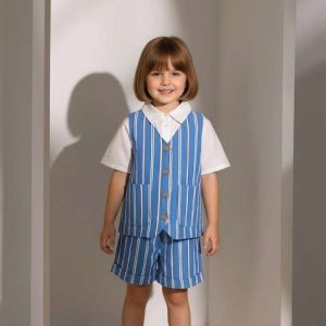 girls blue striped cotton denim co ord set