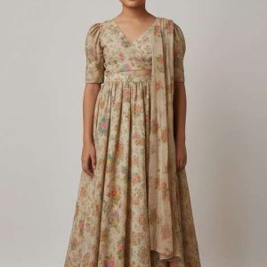 girls beige embroidered organza anarkali set