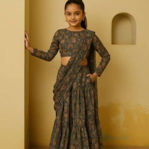 girls black floral print chiffon fusion set
