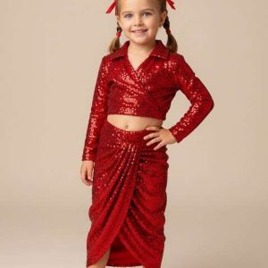 girls red sequin net fusion set