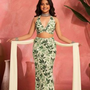 girls green floral print satin fusion set