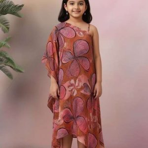 girls brown and pink floral print chinon fusion set