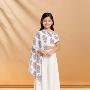girls white floral print satin fusion set