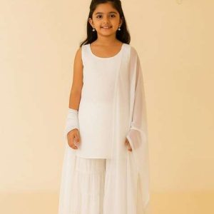 girls white embroidered net sharara set