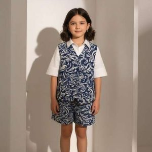 girls blue and white abstract print cotton denim co ord set