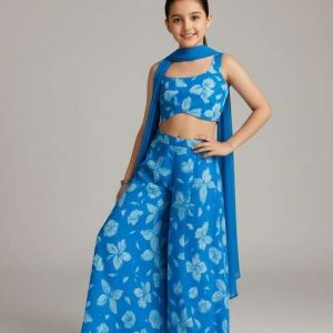 girls blue floral print georgette fusion set