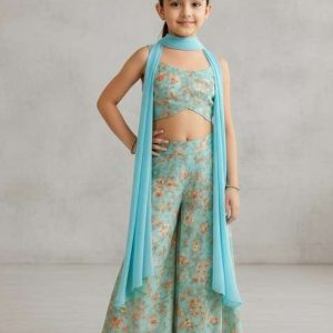 girls pastel blue floral print georgette fusion set