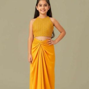 girls yellow embroidered crepe fusion set