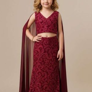 girls maroon embroidered net fusion set