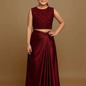 girls maroon embroidered satin fusion set