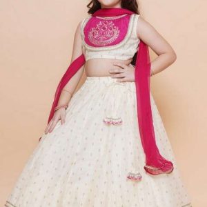 off white embroidered lehenga with blouse and dupatta (set of 3)