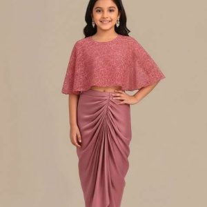 girls peach embroidered crepe fusion set