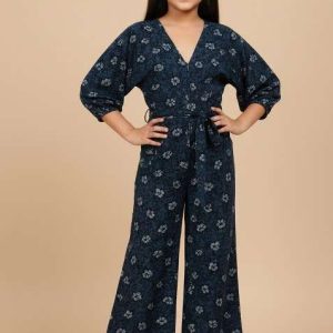 girls navy blue floral print poplin co ord set