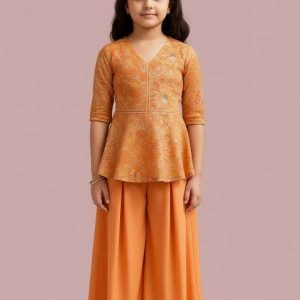 girls cream floral print organza fusion set