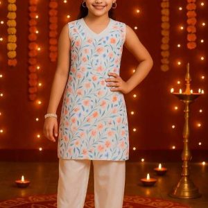 blue orange printed cotton kurta set for girls