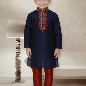 navy blue embroidery silk kurta with bottom for boys