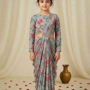 girls grey floral print chiffon fusion set