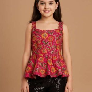 girls magenta brocade peplum top