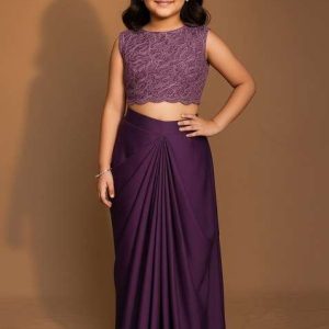 girls purple embroidered satin fusion set