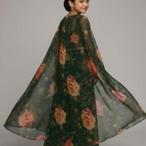 girls dark green floral print fusion set