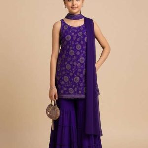 girls purple embroidered silk fusion set