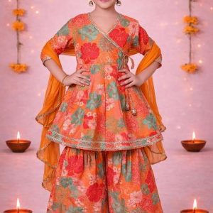 pink printed cotton ethnic set for girls