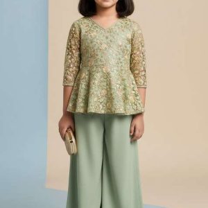 girls green floral print organza fusion set