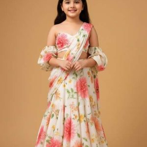 girls off white floral print georgette pre draped saree set