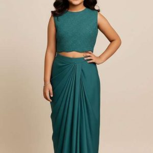 girls teal blue embroidered satin fusion set