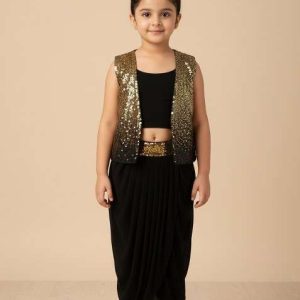 girls black and golden sequin chinon fusion set