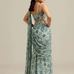 girls blue floral print crepe pre draped saree set