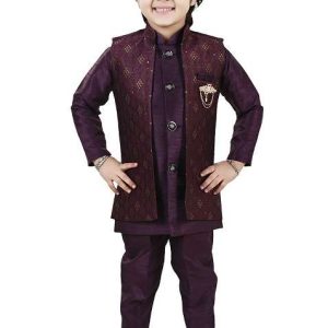 mauve jacquard silk sherwani set for boys
