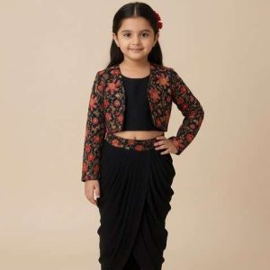 girls navy blue embroidered crepe fusion set