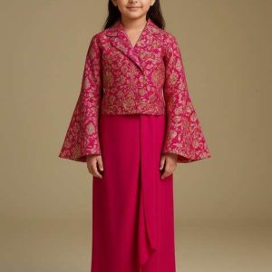 girls pink embroidered georgette fusion set