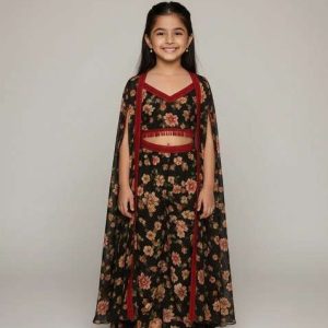 girls black floral print fusion set