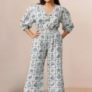 girls white figure print poplin co ord set