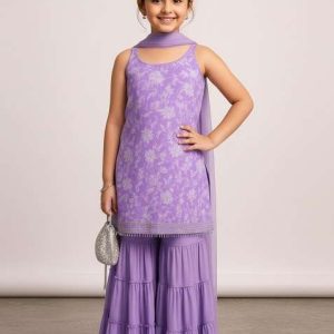 girls lilac embroidered silk fusion set