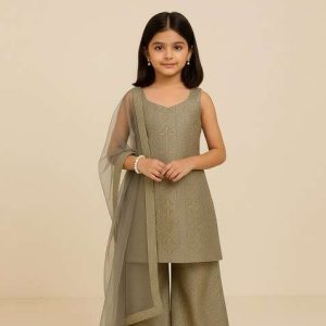 girls green embroidered viscose sharara set