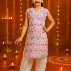 pink green printed cotton kurta set for girls