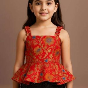 girls red brocade peplum top