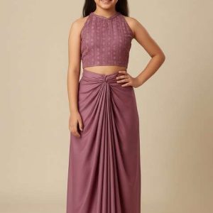 girls purple embroidered crepe fusion set