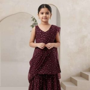 girls brown embroidered georgette fusion set
