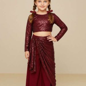 girls maroon sequin georgette fusion set