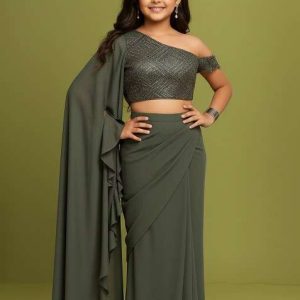 girls green embellished net fusion set