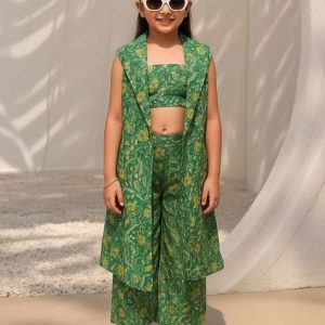 girls forest green floral print dola silk fusion set