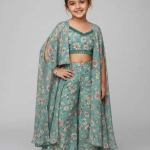 girls teal green floral print fusion set