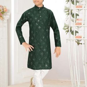 green cotton blend kurta set for boys
