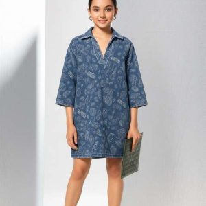 girls blue abstract print denim dress