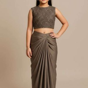 girls mauve embroidered satin fusion set