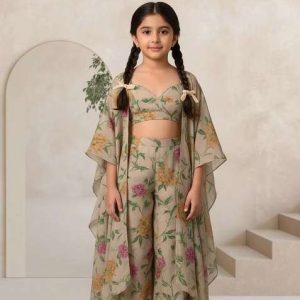 girls beige floral print chiffon fusion set